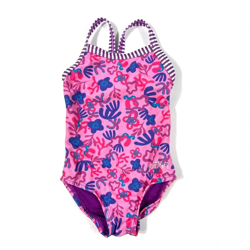 Dolfin Girls Sunshine One Piece Swimsuit 2T Pink Floral UPF 50 Beach Summer‎ EUC